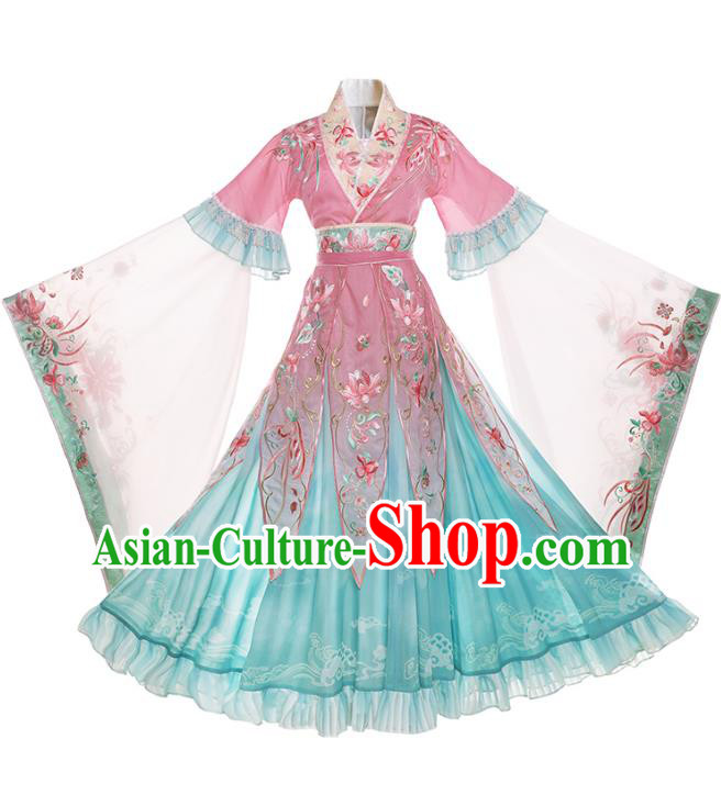 China Jin Dynasty Historical Costumes Embroidered Hanfu Dress Ancient Goddess Green Clothing