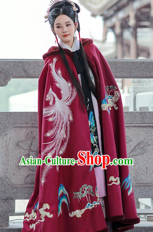 China Embroidered Hanfu Cape Ancient Princess Clothing Ming Dynasty Costumes Winter Wine Red Cloak