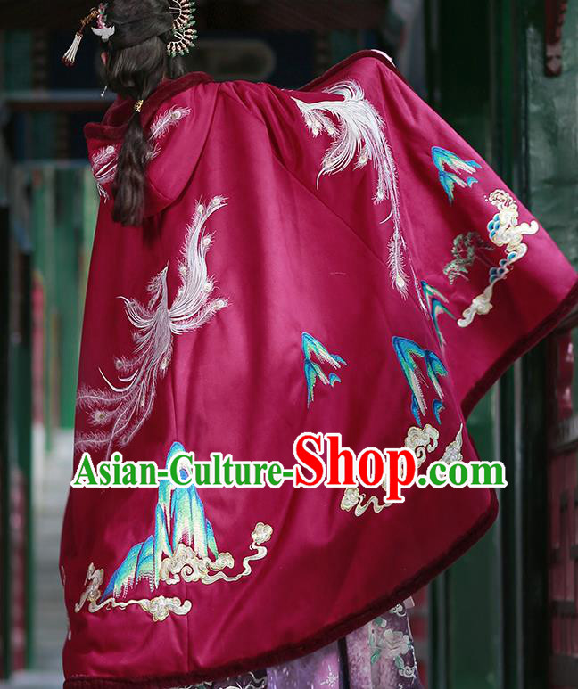China Embroidered Hanfu Cape Ancient Princess Clothing Ming Dynasty Costumes Winter Wine Red Cloak