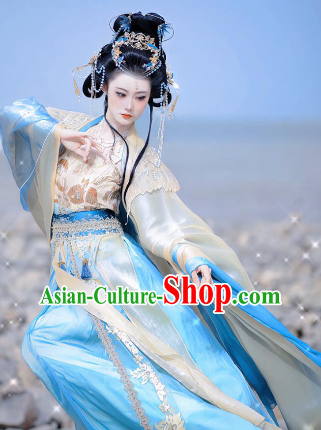 China Ancient Goddess Hanfu Southern and Northern Dynasties Princess Clothing Swordswoman Blue Dress