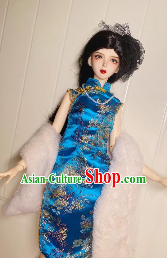 Customize Handmade BJD Costume Top Figurine Qipao Clothing Sexy Girl Blue Brocade Cheongsam