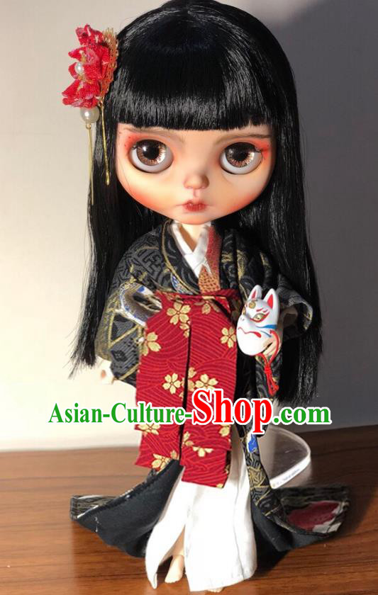 Handmade BJD Doll Costume Top Super Dollfie Japanese Woman Clothing Customize Courtesan Black Trailing Kimono