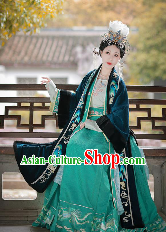 Traditional Winter Hanfu Green Velvet Dress China Ancient Empress Clothing Song Dynasty The Journey of a Legendary Landscape Painting Costume