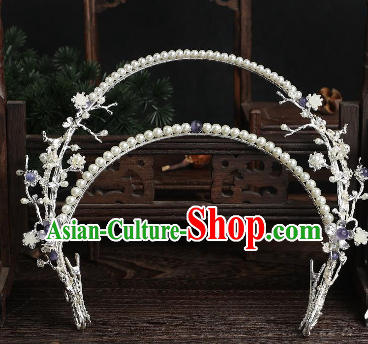 Chinese Ancient Goddess Hair Crown Top Hanfu Hair Jewelry Handmade Pearls Headgear