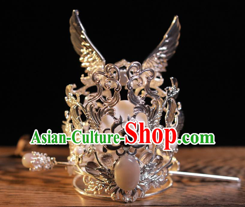 Handmade Silvery Crown and Hairpin Chinese Ancient Prince Hair Jewelries Top Hanfu Male Headgear