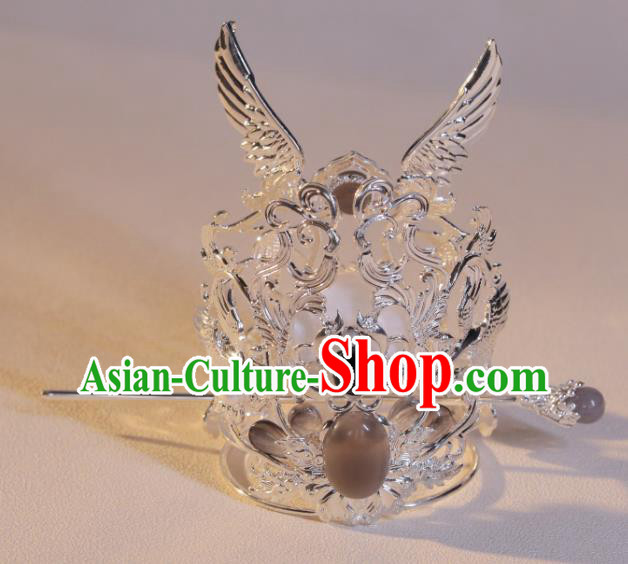 Handmade Silvery Crown and Hairpin Chinese Ancient Prince Hair Jewelries Top Hanfu Male Headgear