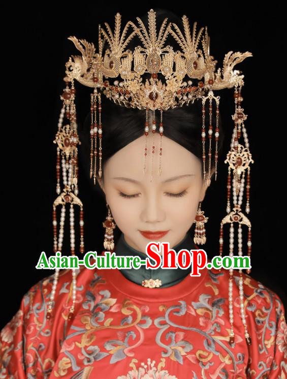 Top Hanfu Headdress Handmade Ming Dynasty Empress Phoenix Coronet Chinese Ancient Bride Hair Jewelries