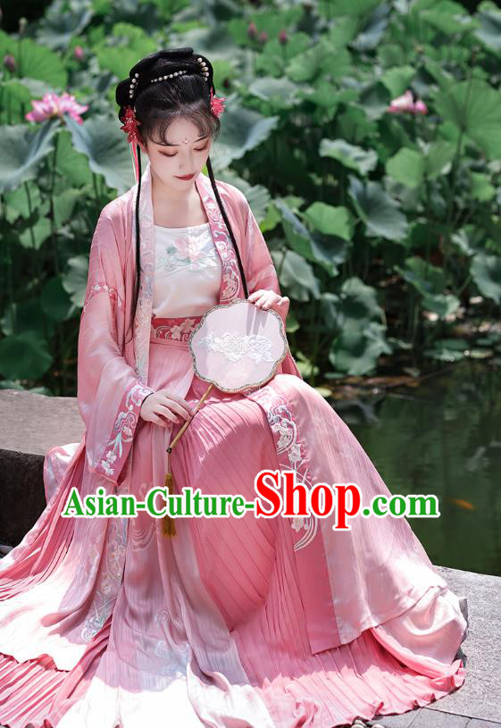 China Ancient Young Lady Clothing Song Dynasty Embroidered Costumes Traditional Hanfu Pink Long Beizi and Skirt Set