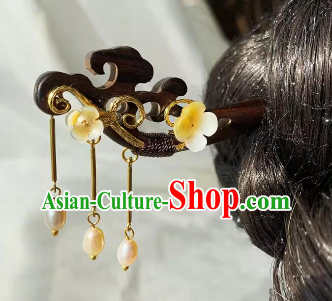 Handmade Cheongsam Hair Jewelry Christmas Gift Chinese Hanfu Ebony Hairpin Traditional Pearls Tassel Headgear