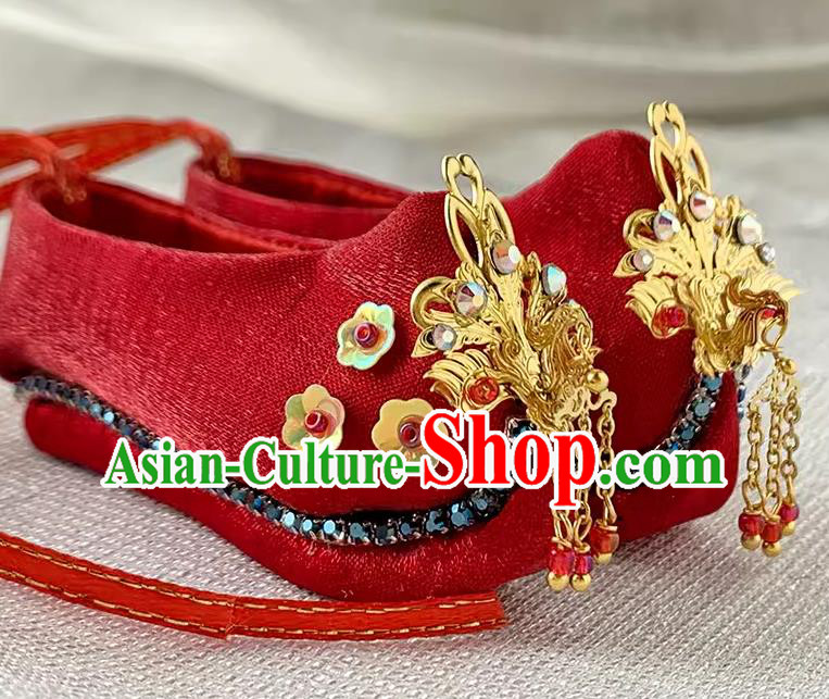 Chinese Traditional Embroidery Shoe Handmade Mazu Goddess Red Shoes Bodhisattva Phoenix Red Shoes