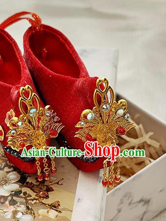 Chinese Traditional Embroidery Shoe Handmade Mazu Goddess Red Shoes Bodhisattva Phoenix Red Shoes