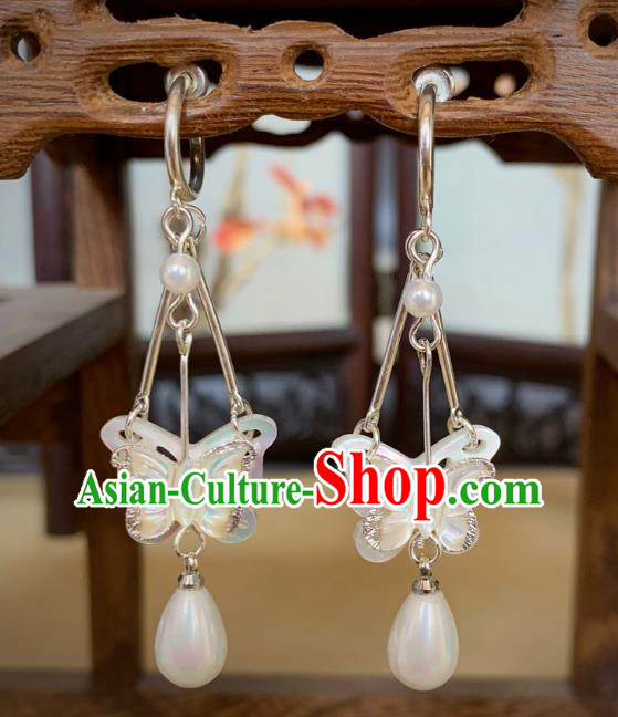 Handmade Shell Butterfly Ear Jewelries Chinese Traditional Hanfu Jewelry Top Cheongsam Pearl Earring