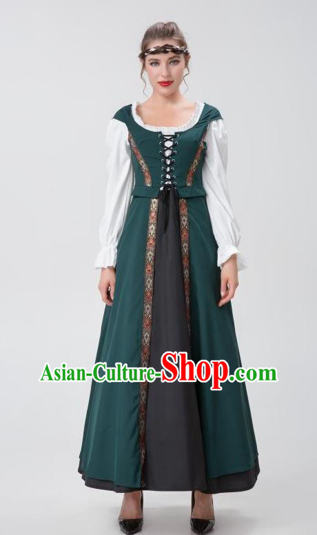Renaissance Woman Court Dark Green Long Dress Christmas Drama Performance Costume Medieval European Costume