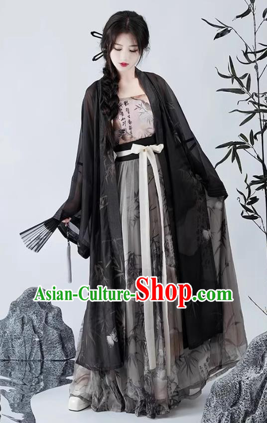 China Large Size Black Cape and Qiyao Ruqun Song Dynasty Hanfu Clothing Ancient Young Lady Costumes