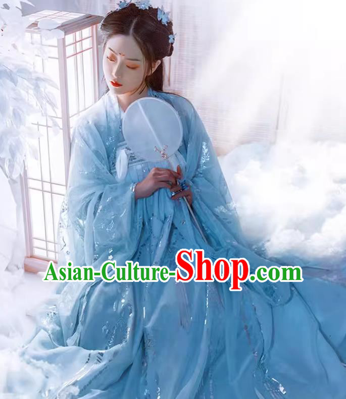China Ancient Fairy Costumes Plus Size Hanfu Blue Qixiong Ruqun Tang Dynasty Princess Clothing
