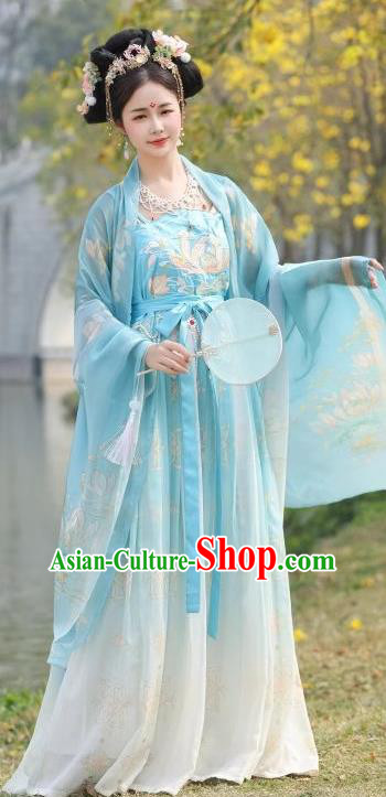 China Tang Dynasty Princess Clothing Ancient Court Lady Costumes Plus Size Hanfu Blue Embroidered Hezi Ruqun