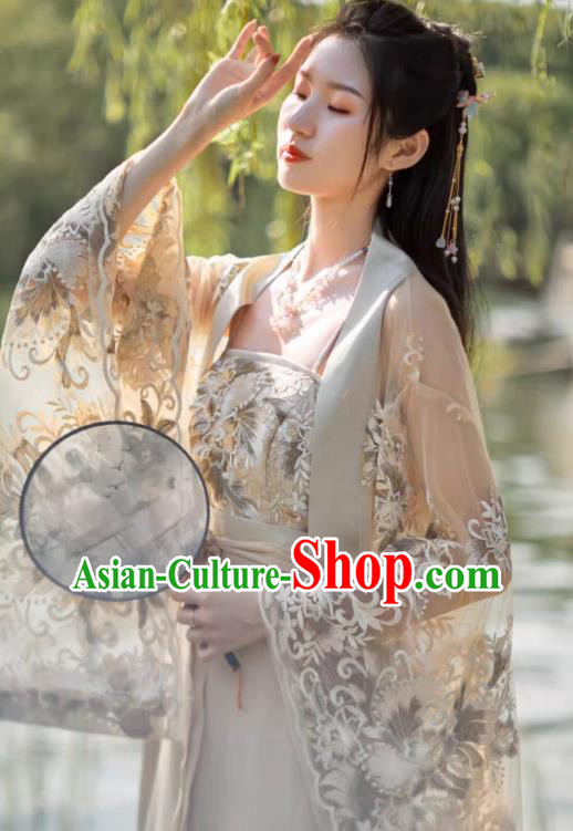 China Ancient Fairy Costume Beige Hanfu Embroidered Dress Tang Dynasty Beauty Dance Clothing