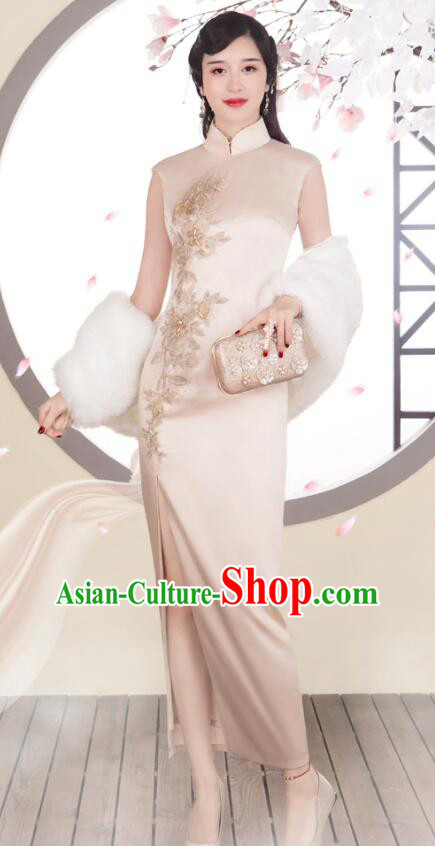 Chinese Champagne Sleeveless Cheongsam Embroidered Beads Long Qipao Elegant Dress