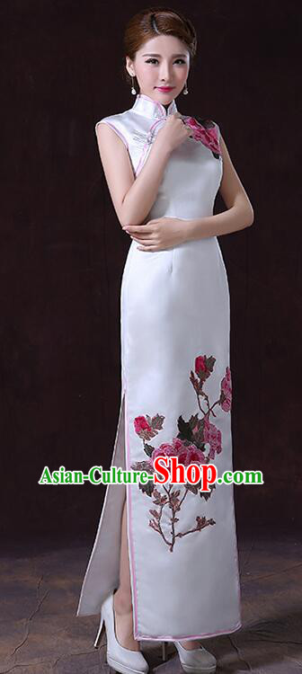 Chinese Elegant Dress White Sleeveless Cheongsam Embroidered Peony Long Qipao
