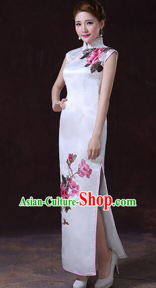 Chinese Elegant Dress White Sleeveless Cheongsam Embroidered Peony Long Qipao