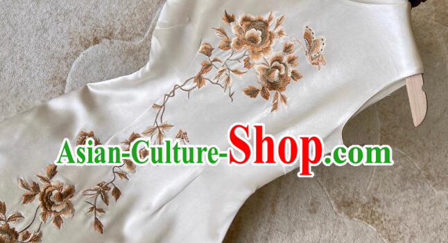Chinese Embroidered Peony Long Qipao Elegant Dress Champagne Retro Cheongsam