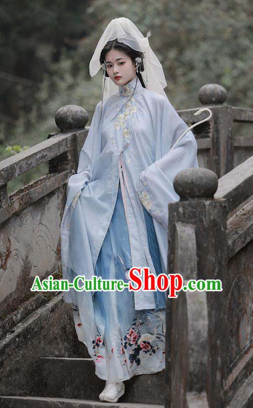 China Ming Dynasty Royal Princess Costumes Traditional Embroidered Blue Hanfu Dress Ancient Noble Beauty Clothing
