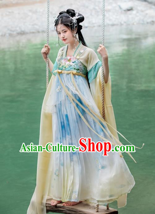 China Tang Dynasty Young Lady Costumes Traditional Light Blue Hanfu Dresses Ancient Goddess Clothing