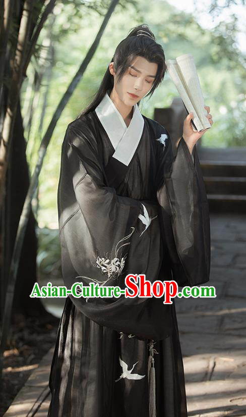 Male Traditional Hanfu Black Outfit China Ming Dynasty Young Childe Clothing Ancient Scholar Costumes