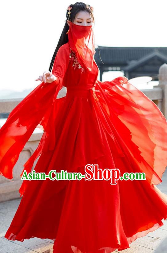China Ancient Fairy Costume Tang Dynasty Woman Clothing Red Wide Sleeve Flow Fairy Dress