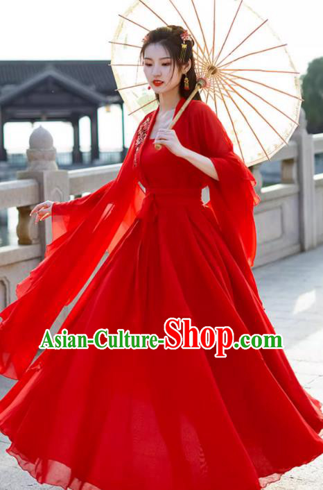 China Ancient Fairy Costume Tang Dynasty Woman Clothing Red Wide Sleeve Flow Fairy Dress