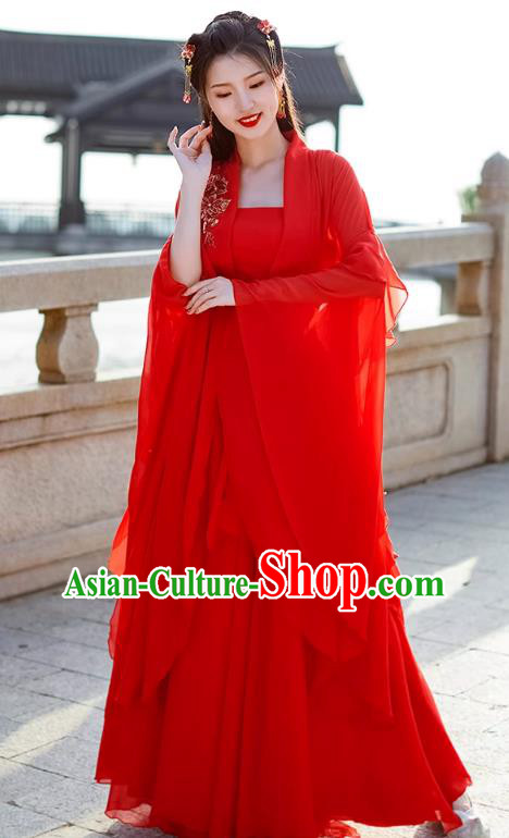 China Ancient Fairy Costume Tang Dynasty Woman Clothing Red Wide Sleeve Flow Fairy Dress