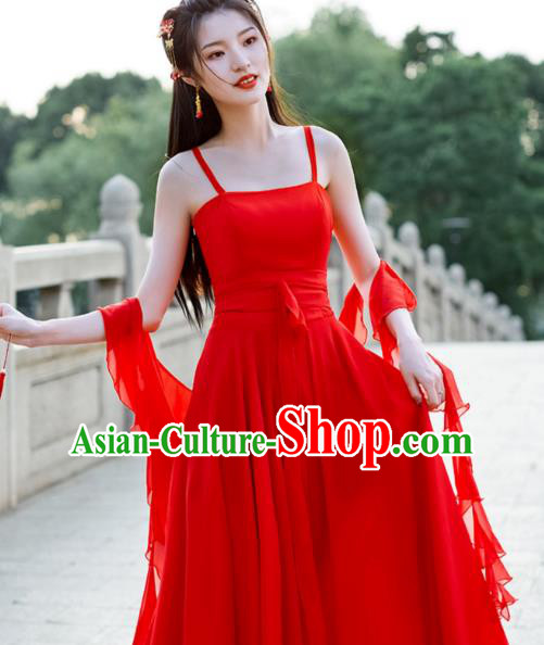China Ancient Fairy Costume Tang Dynasty Woman Clothing Red Wide Sleeve Flow Fairy Dress