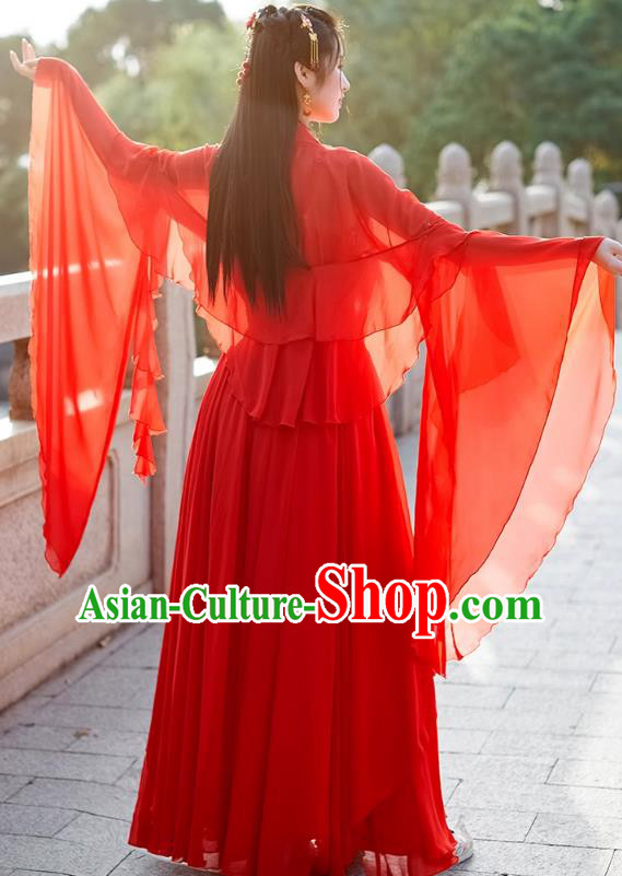China Ancient Fairy Costume Tang Dynasty Woman Clothing Red Wide Sleeve Flow Fairy Dress