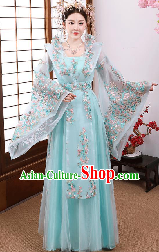 China Tang Dynasty Empress Clothing Blue Hanfu Dress Ancient Royal Queen Costume