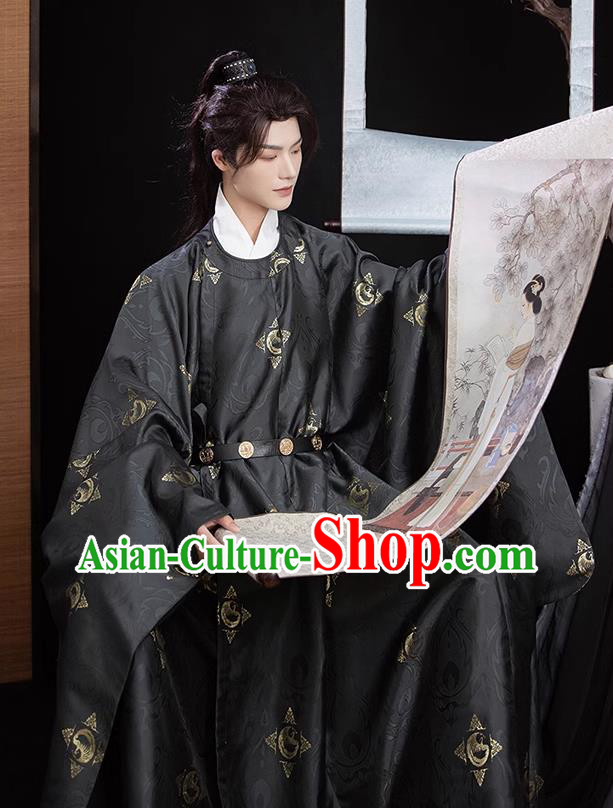 China Ancient Scholar Hanfu Black Round Collar Robe Ming Dynasty Young Childe Historical Costumes