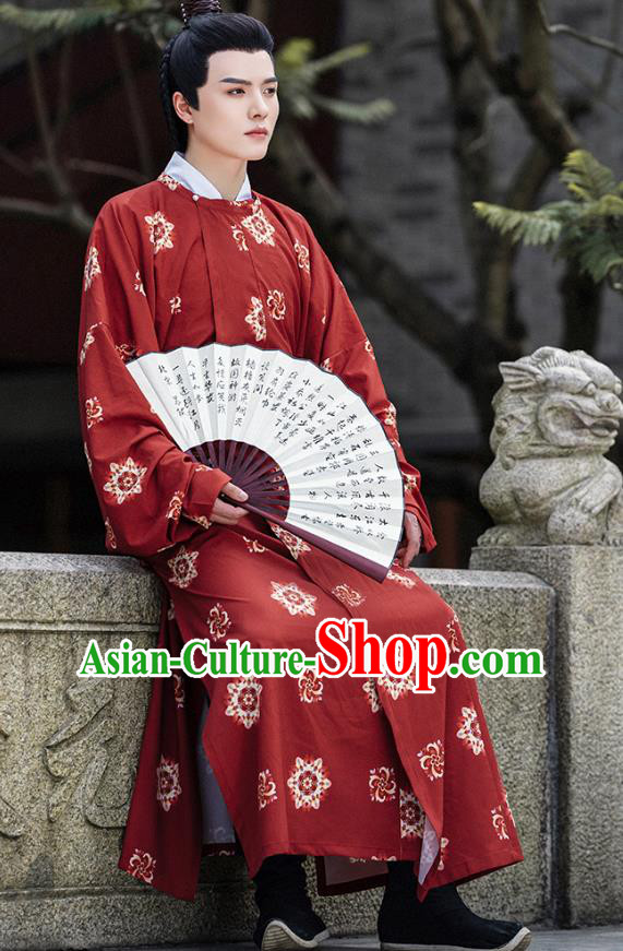 China Male Hanfu Red Round Collar Robe Ancient Young Warrior Clothing Tang Dynasty Swordsman Historical Costume