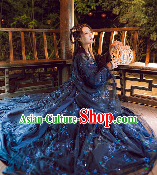 China Ancient Royal Princess Clothing Tang Dynasty Historical Costumes Female Hanfu Dark Blue Ruqun