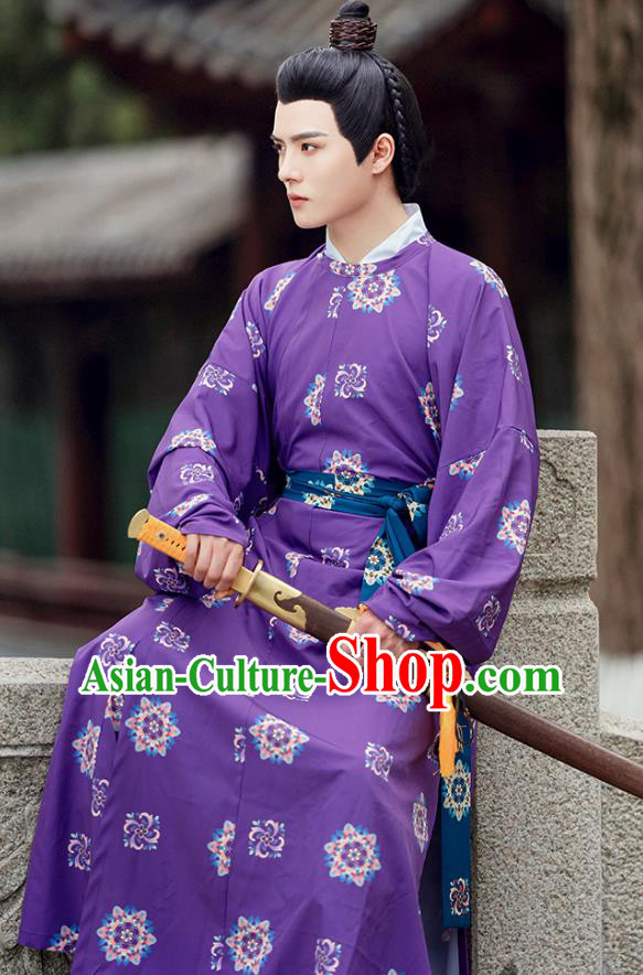 China Tang Dynasty Replica Costume Hanfu Purple Round Collar Robe Ancient Young Warrior Clothing