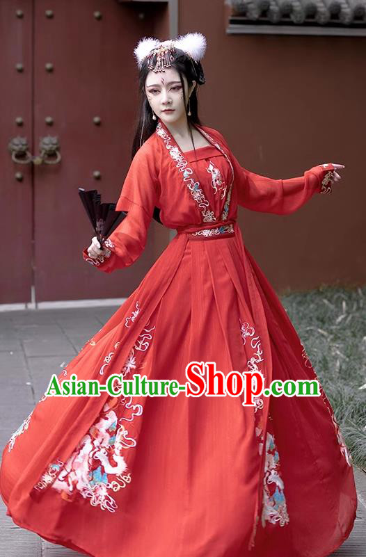 China Hanfu Embroidered Wedding Dress Ancient Bride Red Clothing Song Dynasty Princess Replica Costumes