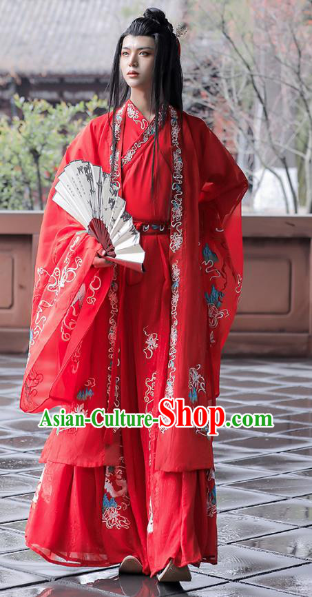 China Song Dynasty Young Childe Replica Costumes Hanfu Embroidered Wedding Dress Ancient Scholar Red Clothing
