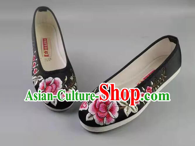 Handmade Old Peking Strong Cloth Soles Shoes Chinese Black Satin Shoes Embroidered Peony Shoes