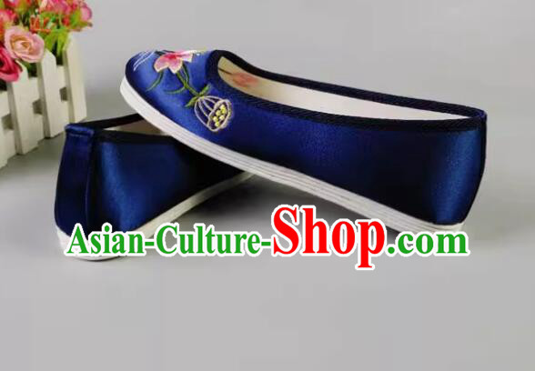 Chinese Dark Blue Satin Shoes Embroidered Lotus Shoes Handmade Old Peking Shoes