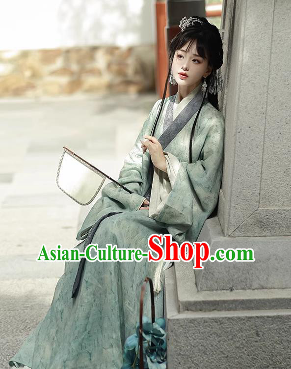 China Song Dynasty Green and White Long Gowns Traditional Hanfu Costume Ancient Woman Clothing