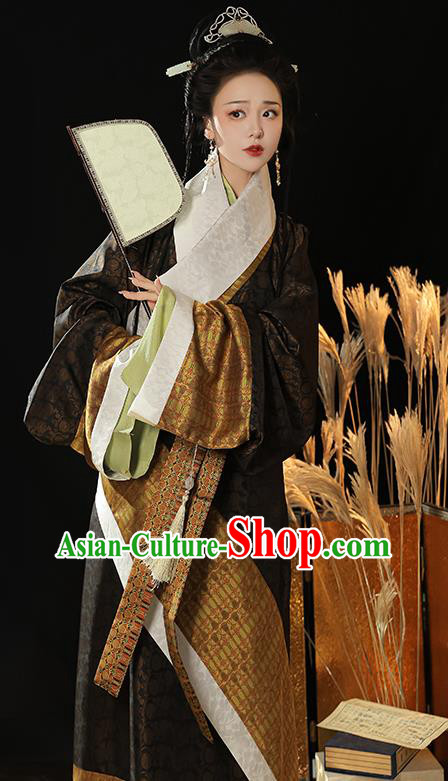 China Traditional Hanfu Costumes Ancient Empress Clothing Han Dynasty Mawangdui Curving Front Robe Complete Set