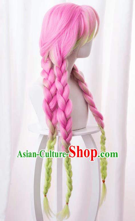 Demon Slayer Kimetsu No Yaiba Kanroji Mi Glass Pink Purple Gradient Green Three Twist Braids Cos Wig