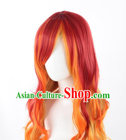 Long Curly Hair Mixed With Red Gradient Khaki Long Hair European And American Cosplay Nightclub Full Head Wig