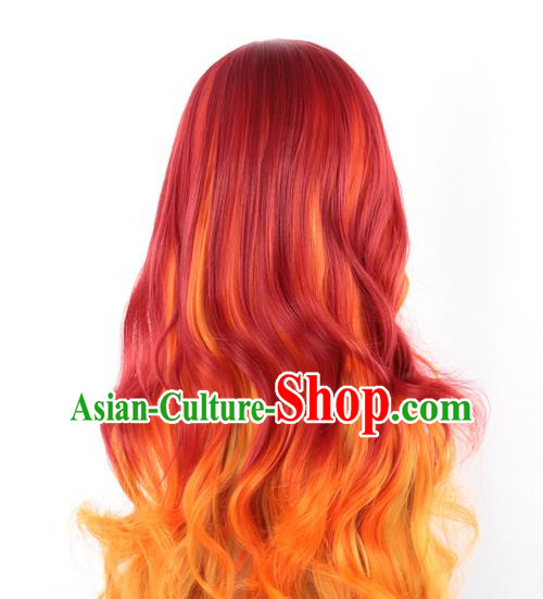 Long Curly Hair Mixed With Red Gradient Khaki Long Hair European And American Cosplay Nightclub Full Head Wig