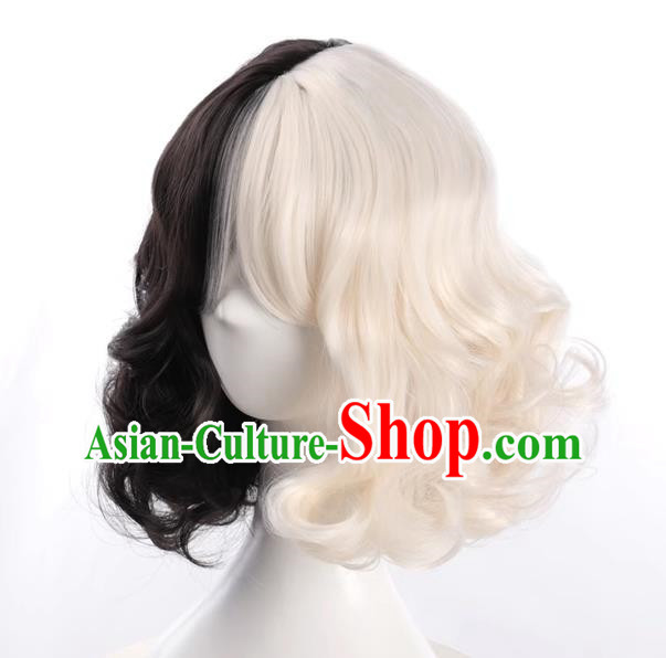 European And American Style Black And White Double Color High Temperature Wire Wig For Ladies With Short Curly Hair