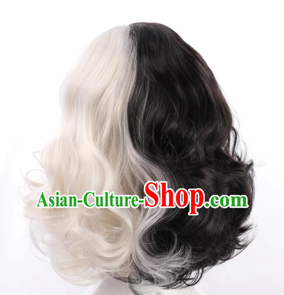 European And American Style Black And White Double Color High Temperature Wire Wig For Ladies With Short Curly Hair