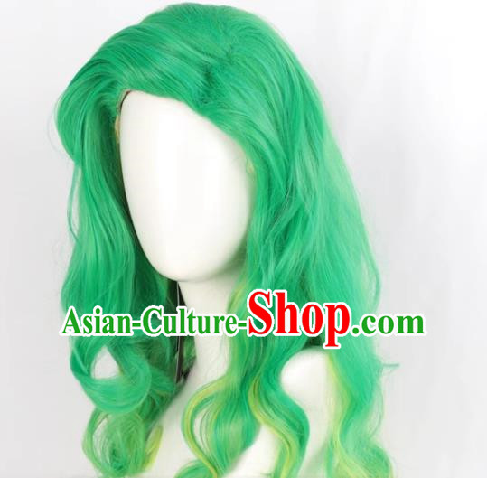 European And American Front Flip Up Style Women Whole Wig Green Gradient Yellow Large Wavy Medium Long Curly Hair